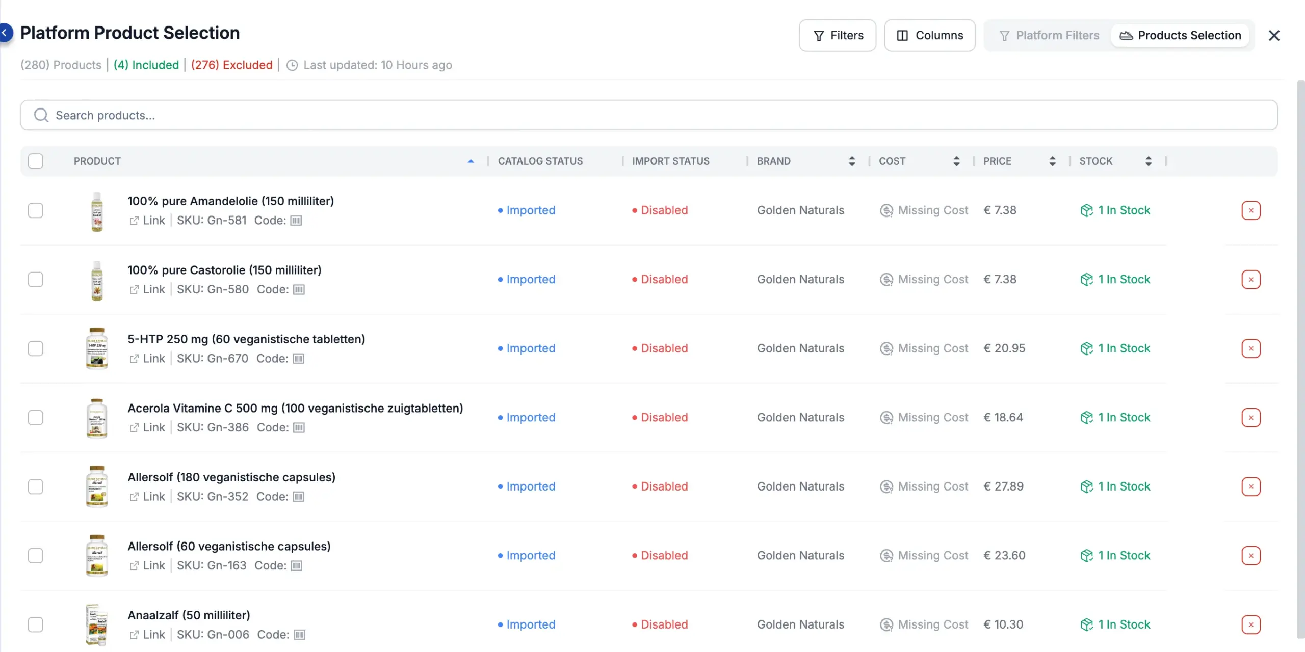 The Products Selection grid, where you include or exclude individual products from the import.