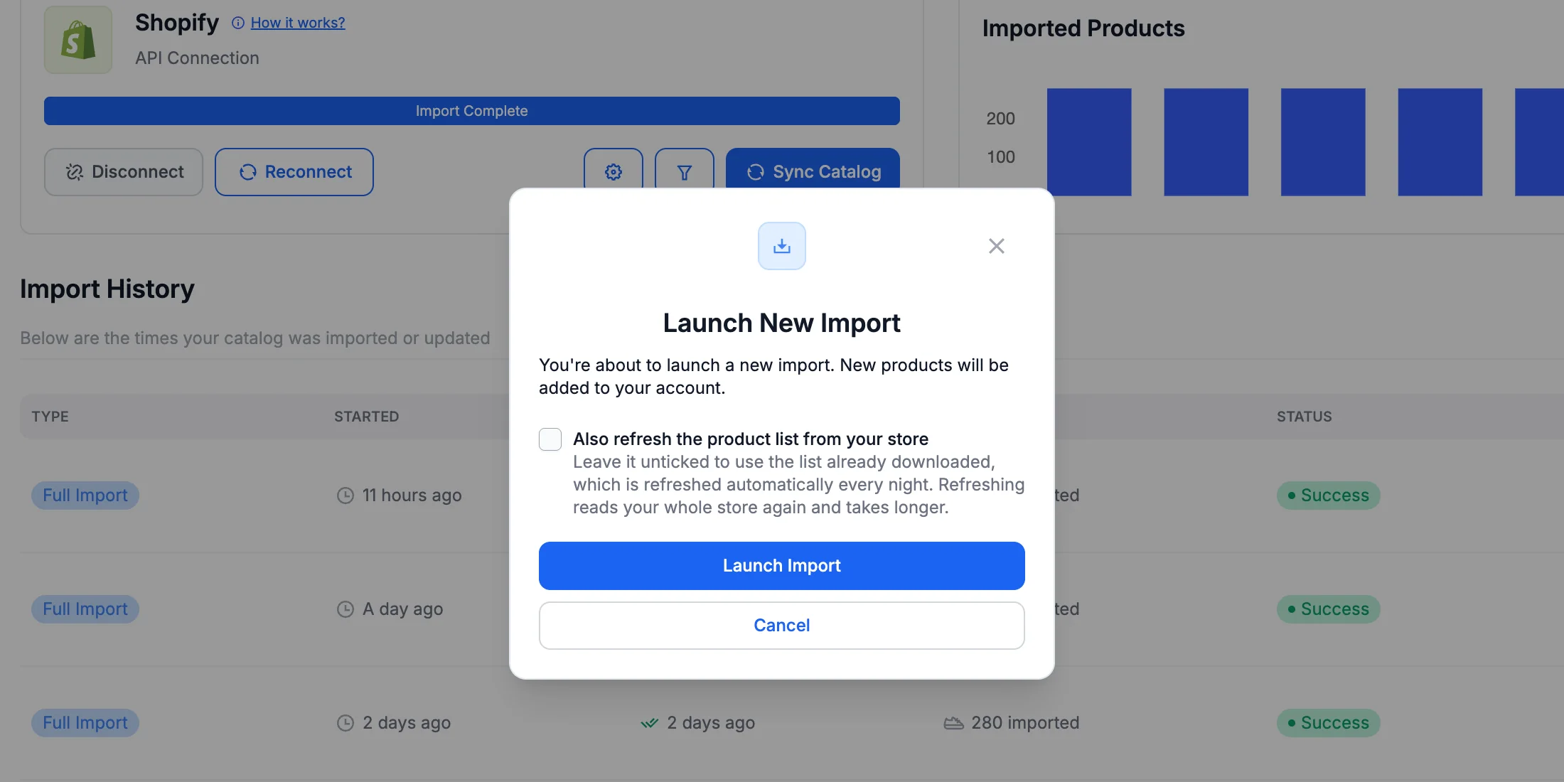 The Launch New Import confirmation, with the option to also refresh the product list from your store.