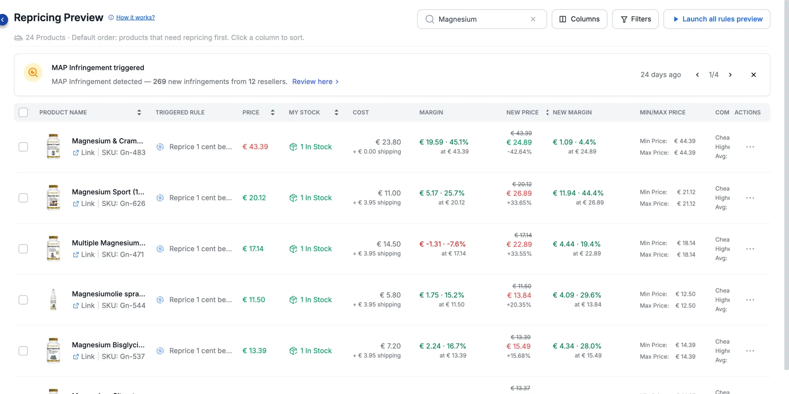 Repricing Preview: the Cost column with the shipping cost, then Margin at the current price and New Margin at the suggested price.