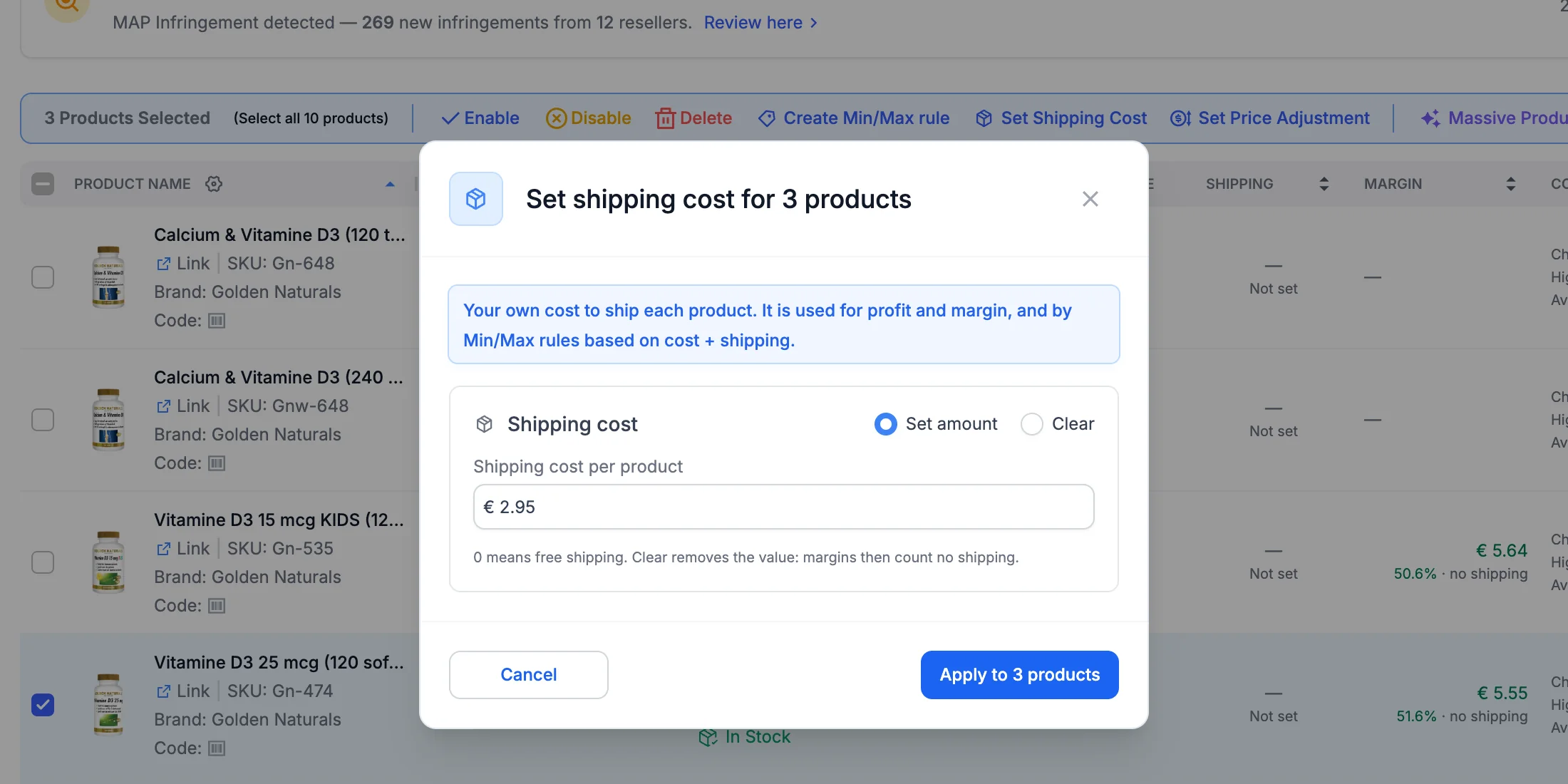 The Set shipping cost window: Set amount with €2.95 per product, ready to apply to 3 products.