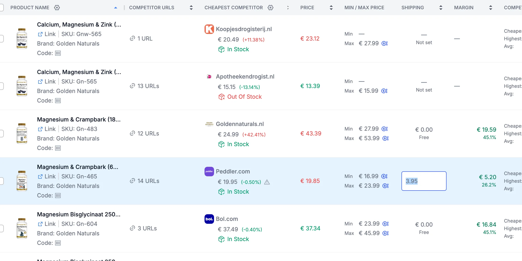 Editing the shipping cost directly in the Shipping column of My Catalog.