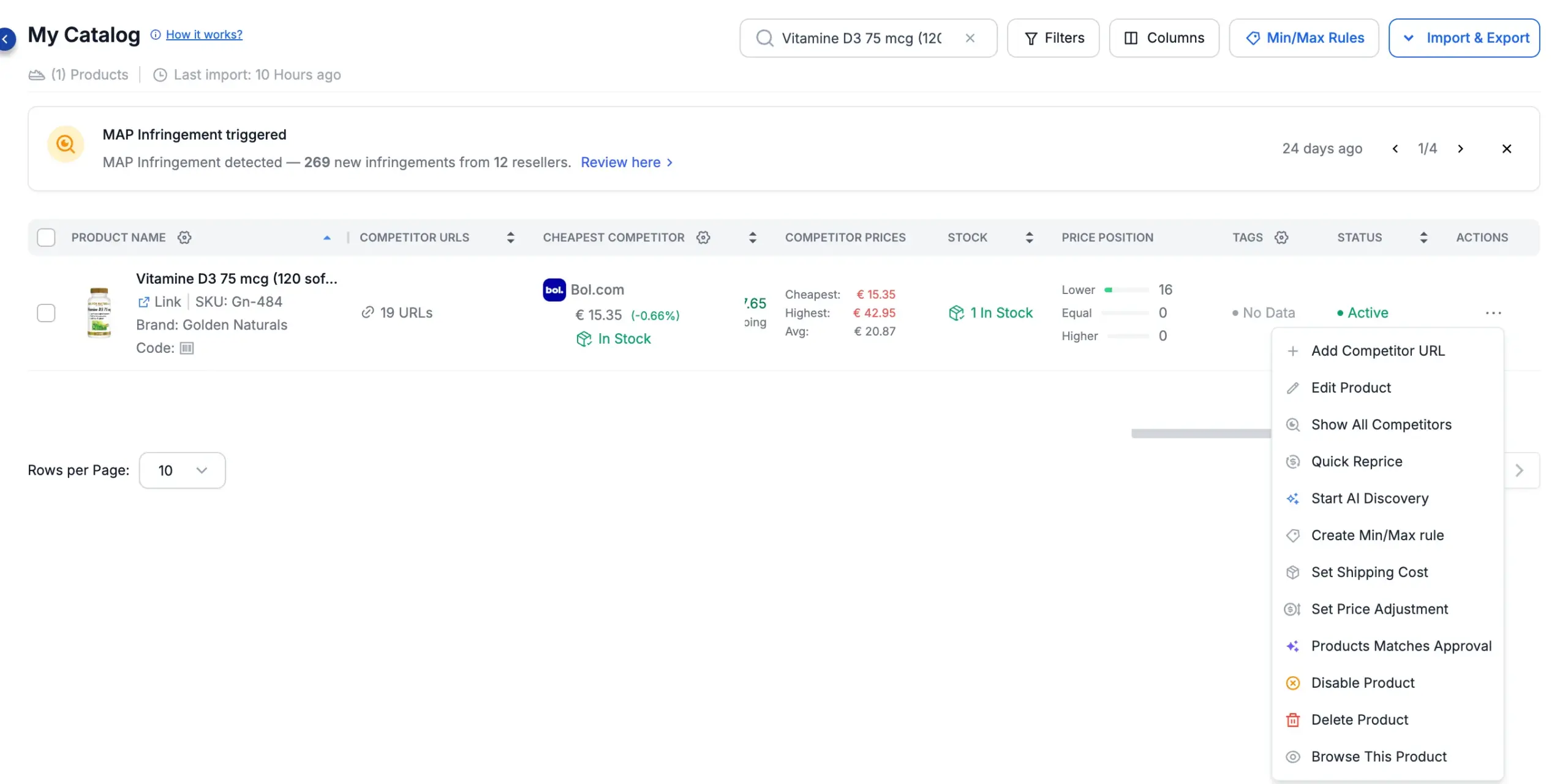 A product's Actions menu in My Catalog, from Add Competitor URL to Browse This Product.