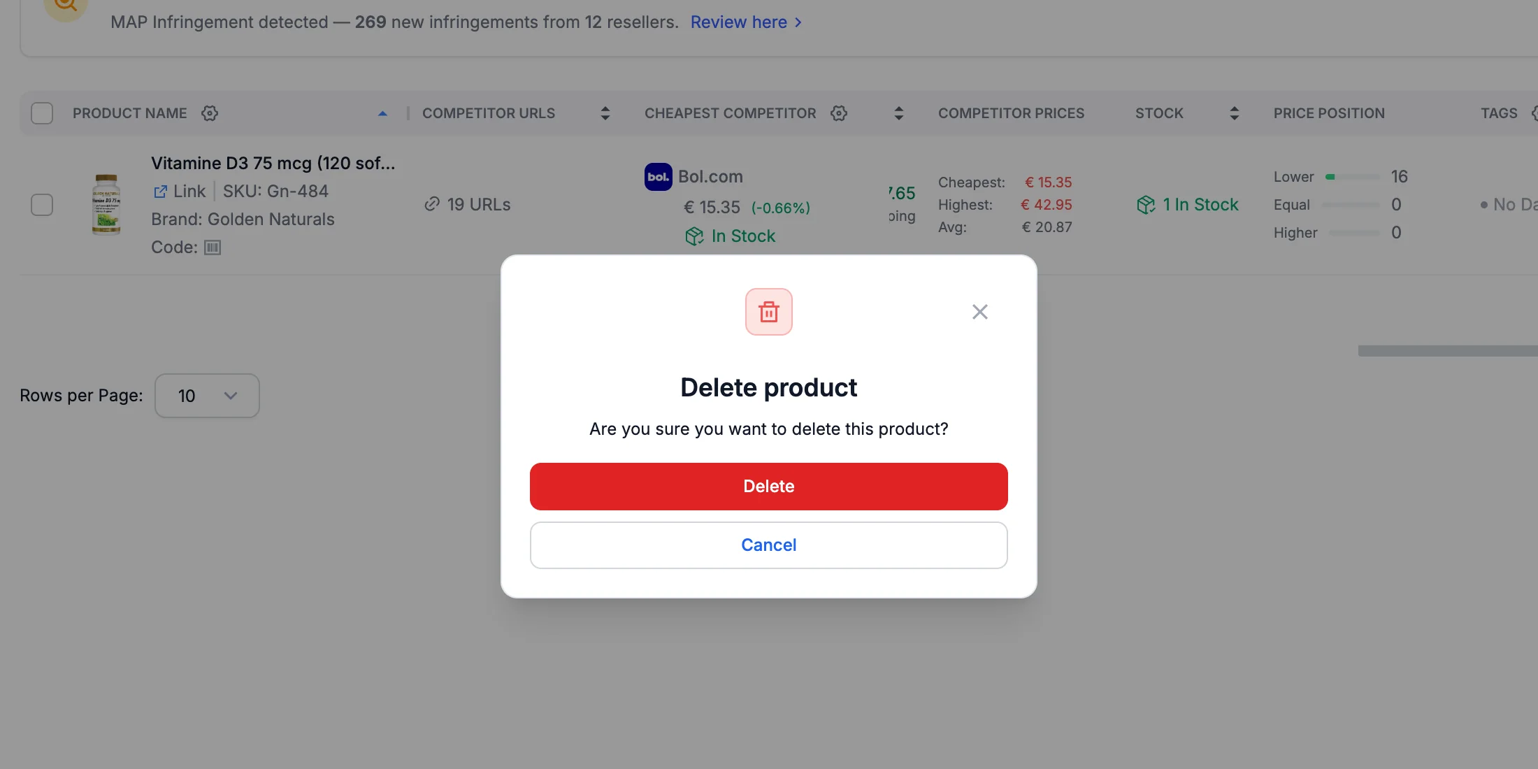 The Delete product confirmation dialog in My Catalog.