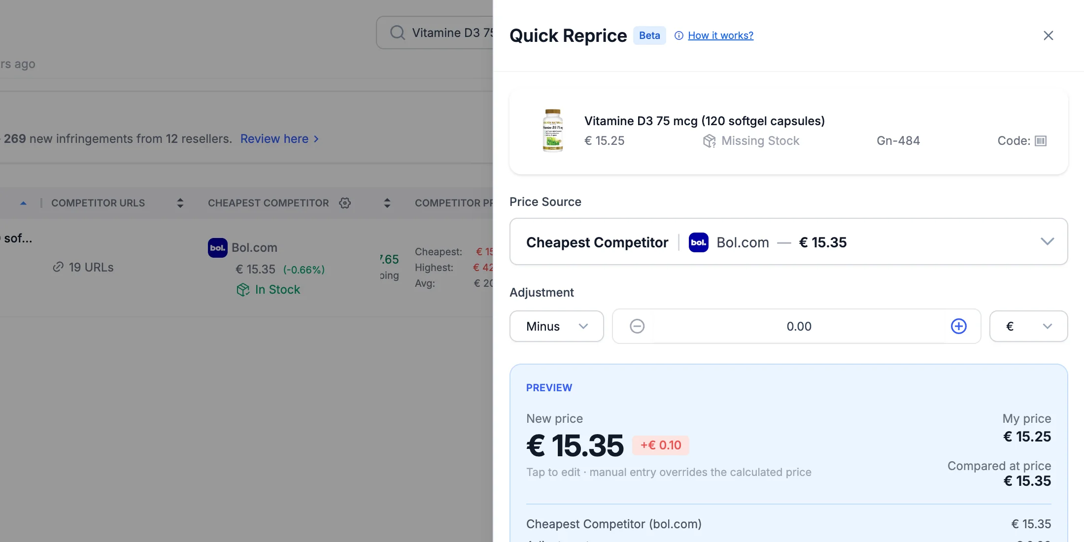 The Quick Reprice drawer: price source, adjustment and a preview of the new price.